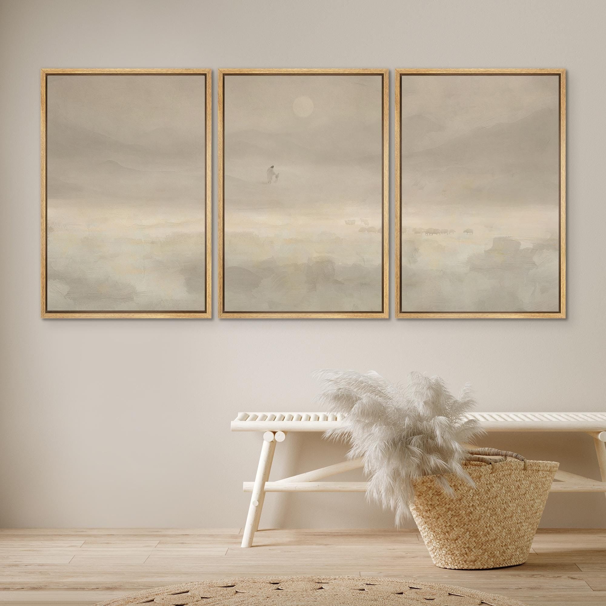 Jesus & Sheep Poster – Set of 3 Framed Minimalist Christian Prints, Pastoral Abstract Landscape in Soft Neutrals for Church or Home DecorGift, Minimalist Christian Art Jesus
